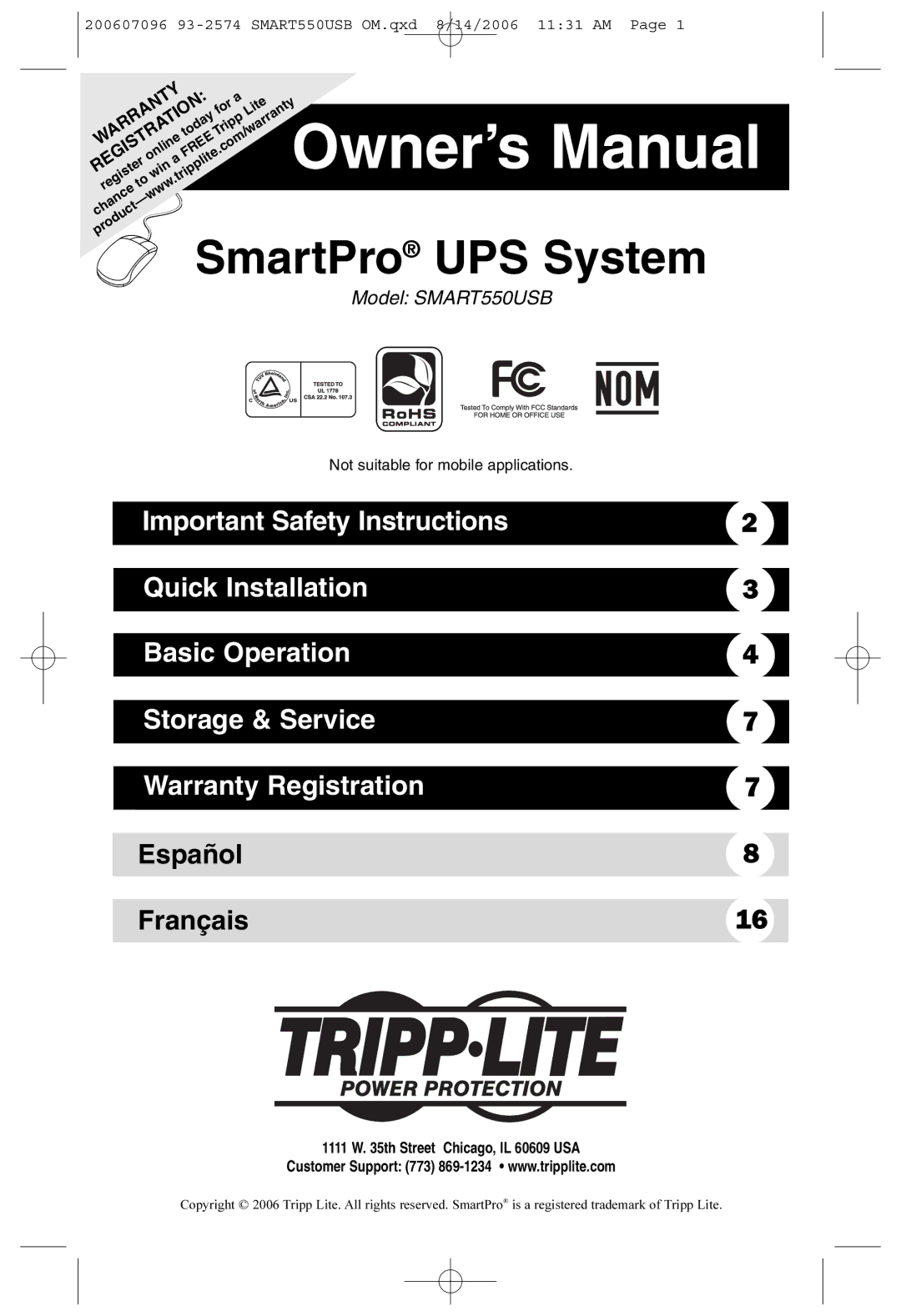 Tripp Lite SMART550USB owner manual SmartPro UPS System 