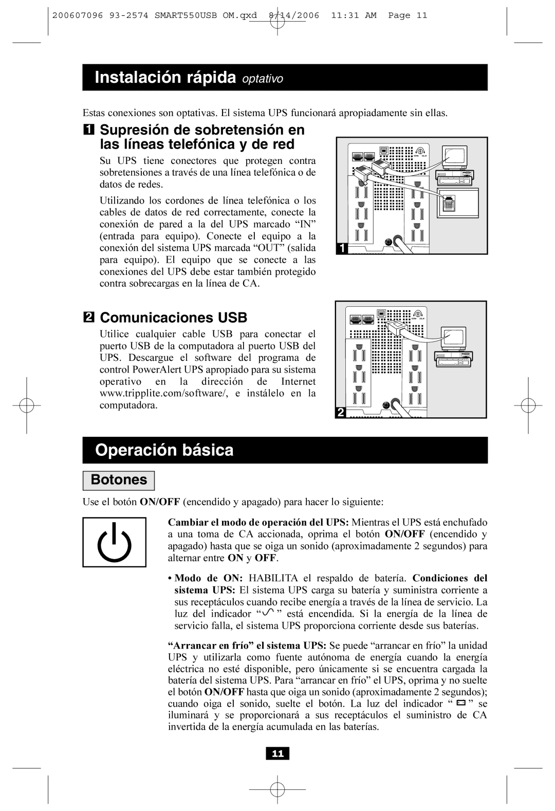 Tripp Lite SMART550USB Instalación rápida optativo, Supresión de sobretensión en las líneas telefónica y de red, Botones 