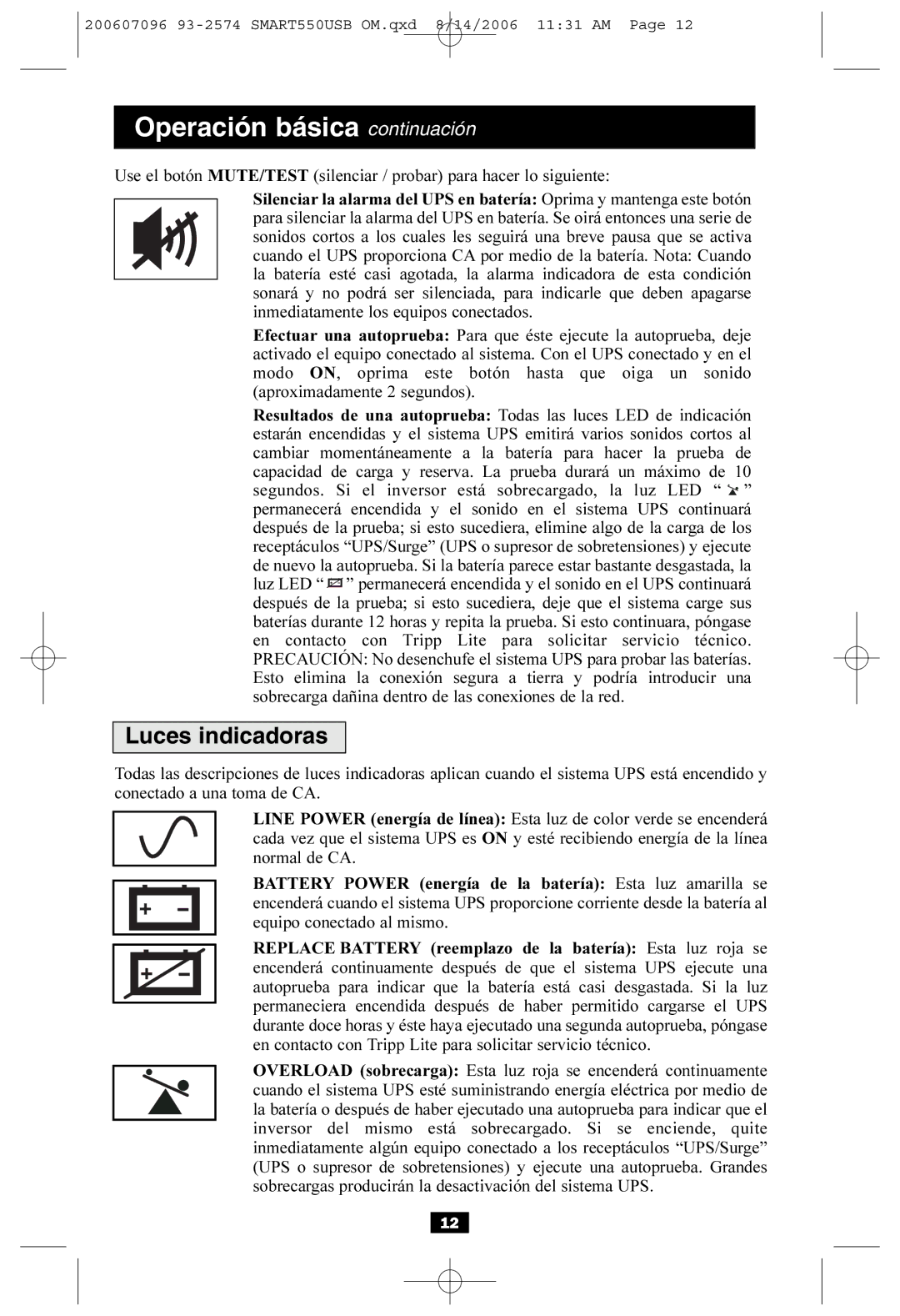 Tripp Lite SMART550USB owner manual Operación básica continuación, Luces indicadoras 