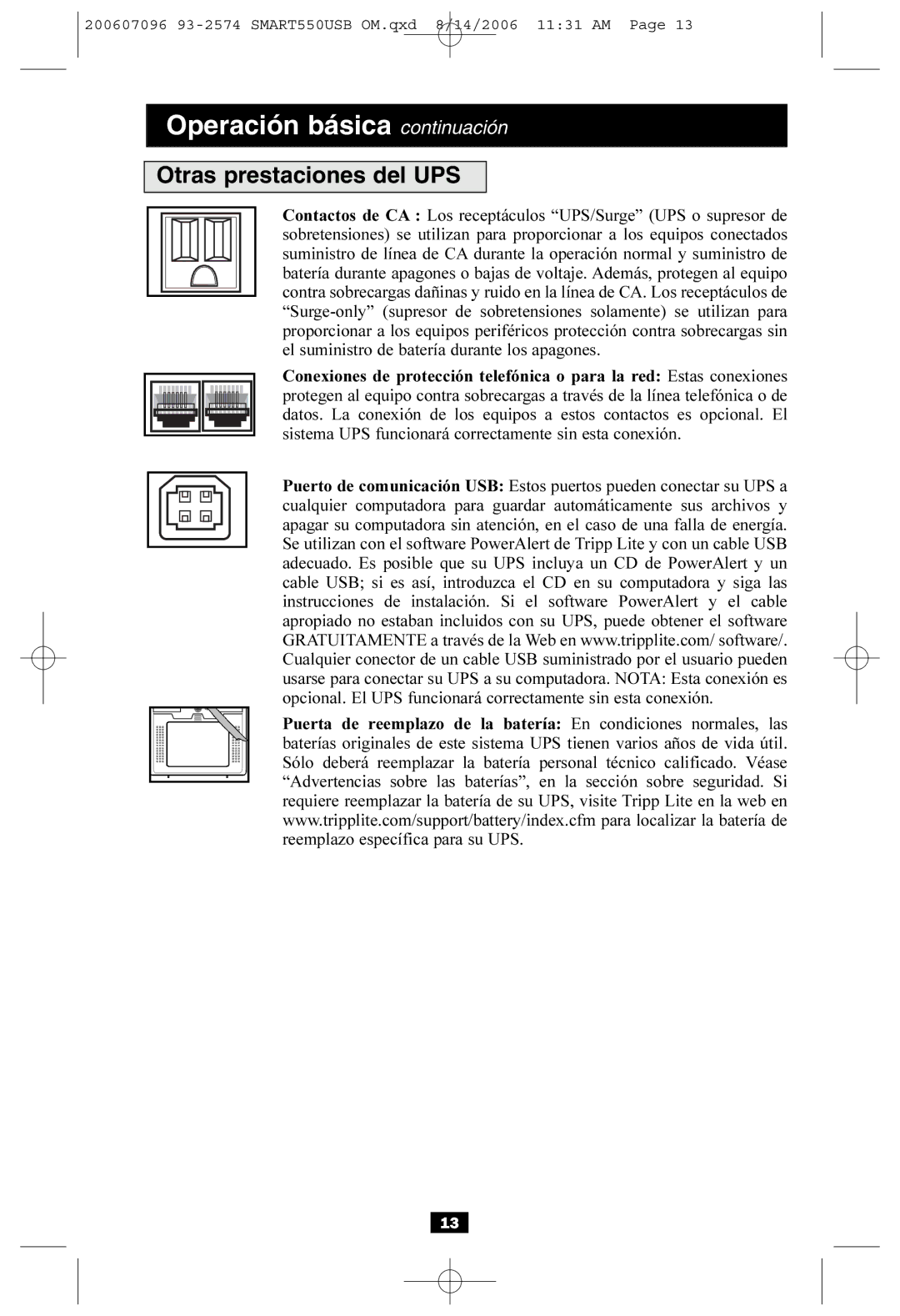 Tripp Lite SMART550USB owner manual Otras prestaciones del UPS 