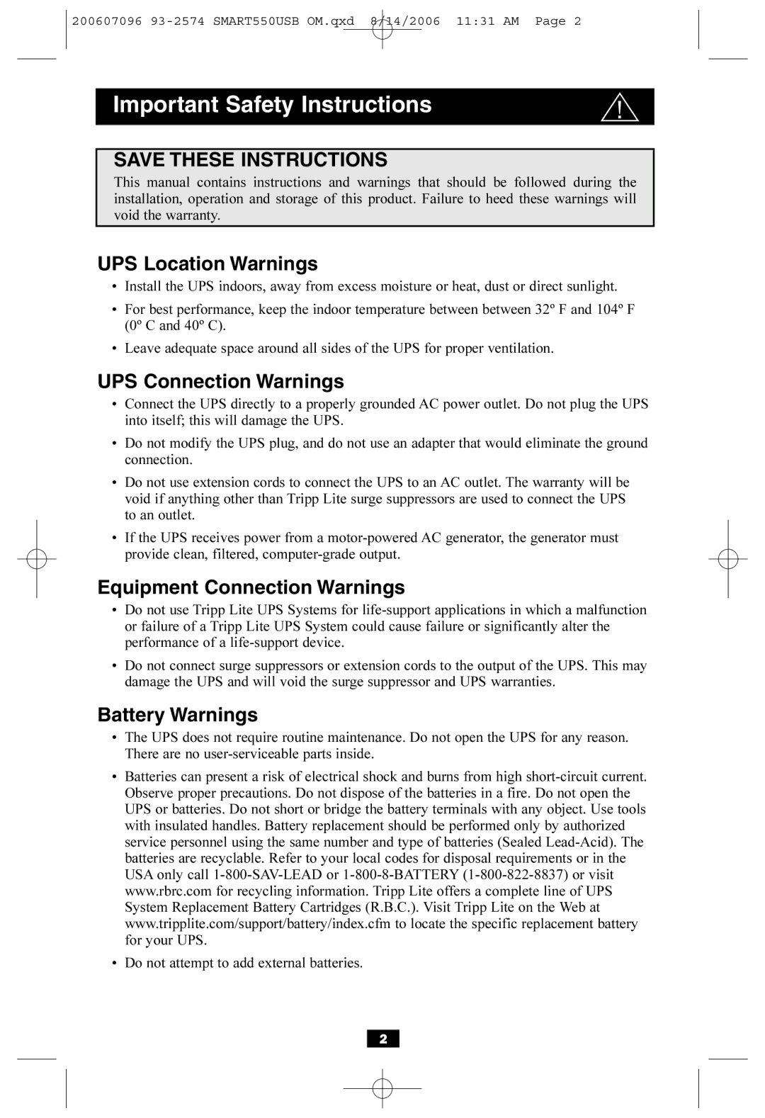 Tripp Lite SMART550USB Important Safety Instructions, UPS Location Warnings, UPS Connection Warnings, Battery Warnings 