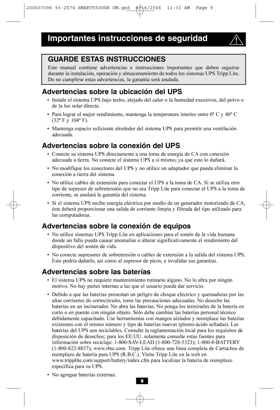 Tripp Lite SMART550USB owner manual Importantes instrucciones de seguridad, Advertencias sobre la ubicación del UPS 