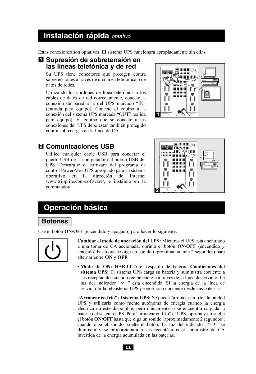 Tripp Lite SMART550USB Instalación rápida optativo, Supresión de sobretensión en las líneas telefónica y de red, Botones 