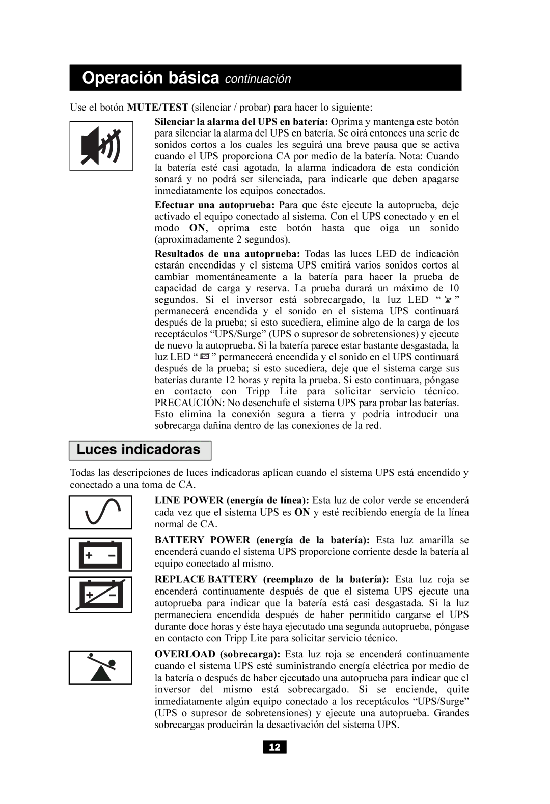 Tripp Lite SMART550USB owner manual Operación básica continuación, Luces indicadoras 