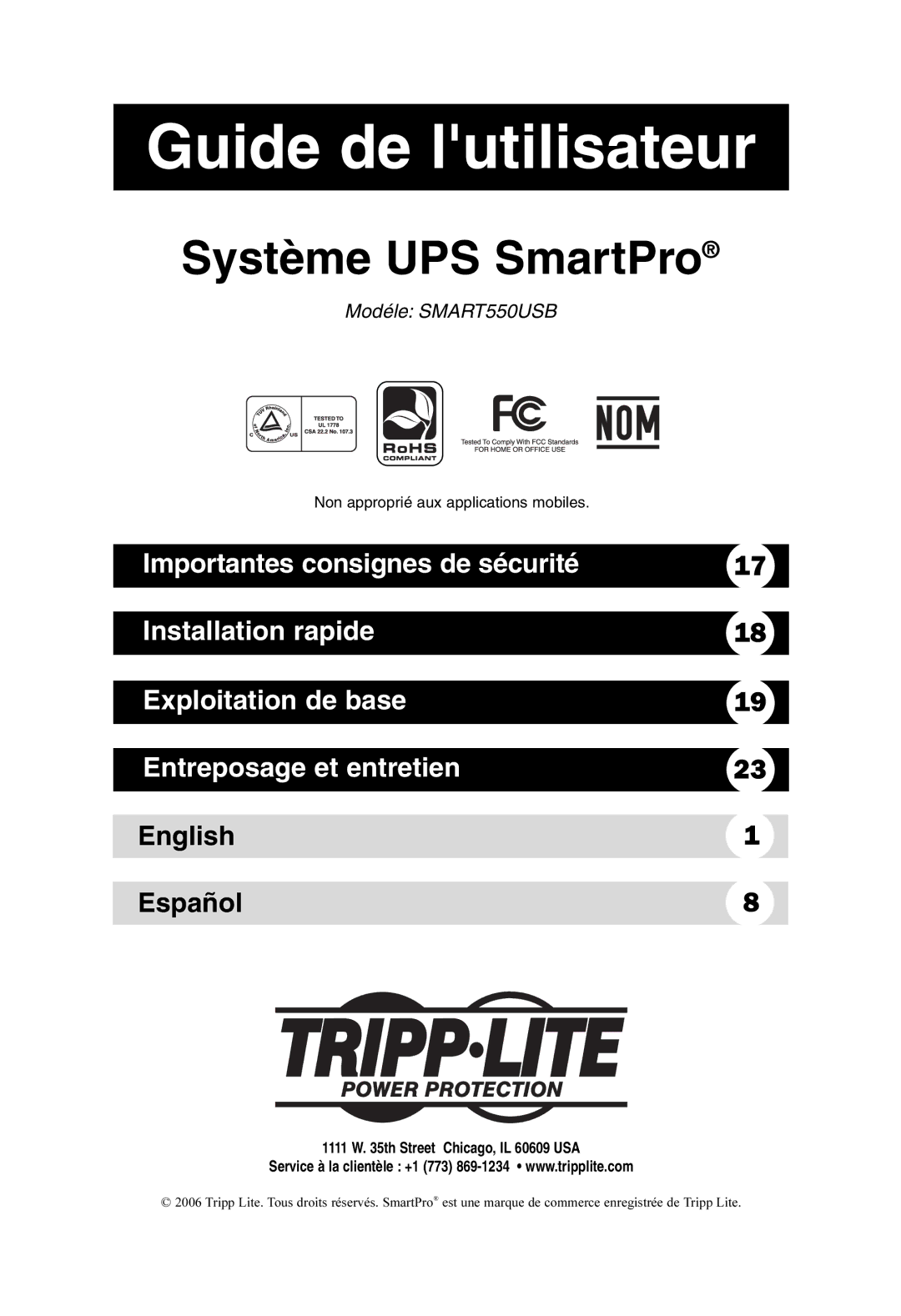 Tripp Lite SMART550USB owner manual Guide de lutilisateur 