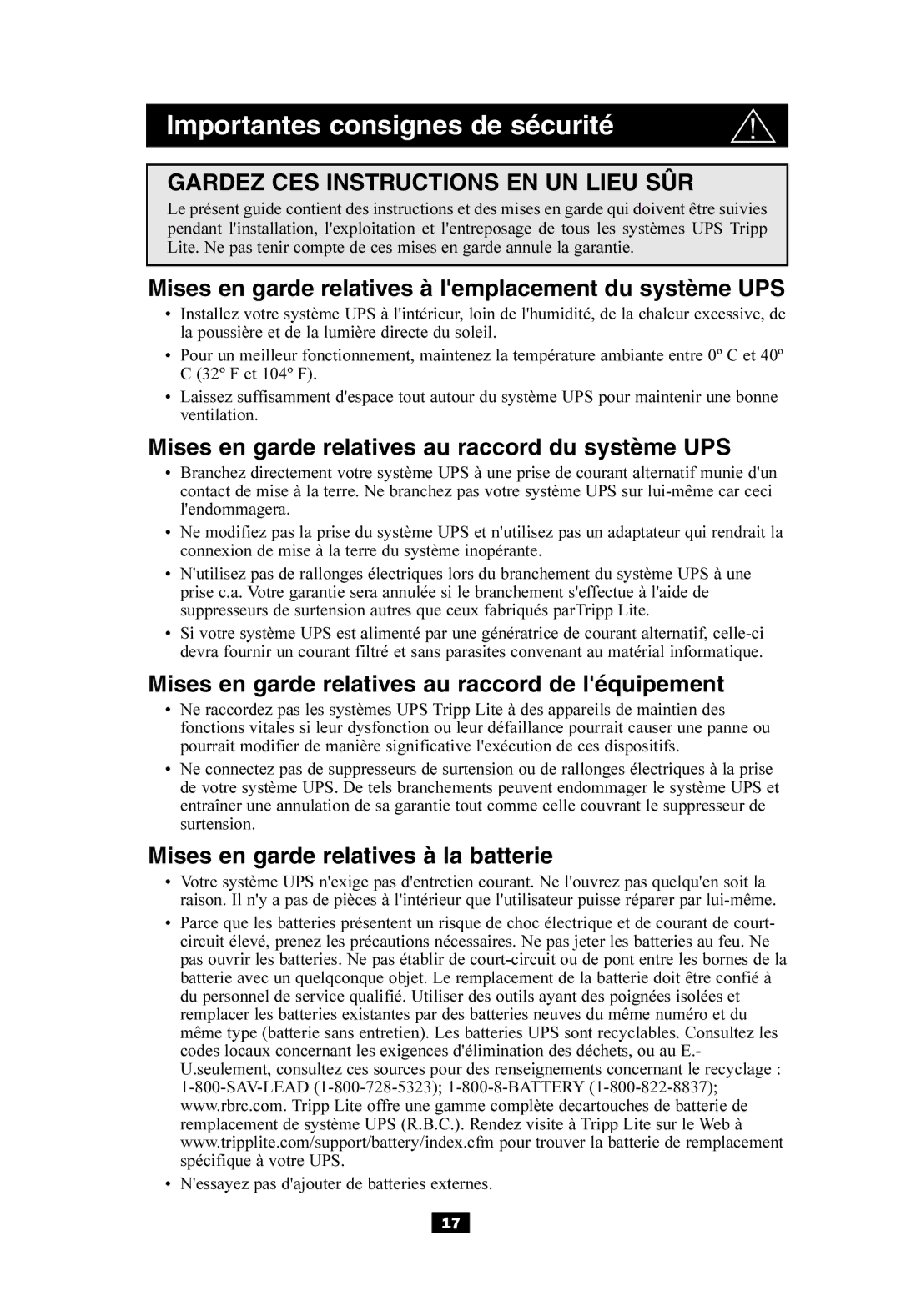 Tripp Lite SMART550USB Importantes consignes de sécurité, Mises en garde relatives à lemplacement du système UPS 