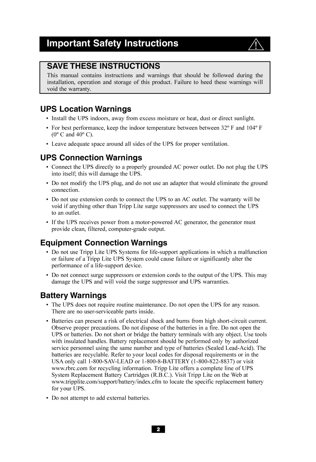 Tripp Lite SMART550USB Important Safety Instructions, UPS Location Warnings, UPS Connection Warnings, Battery Warnings 