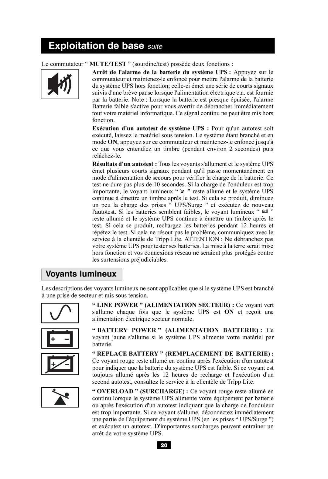 Tripp Lite SMART550USB owner manual Exploitation de base suite, Voyants lumineux 