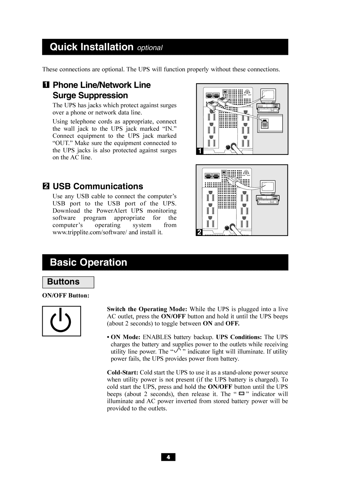 Tripp Lite SMART550USB Quick Installation optional, Phone Line/Network Line Surge Suppression, USB Communications, Buttons 