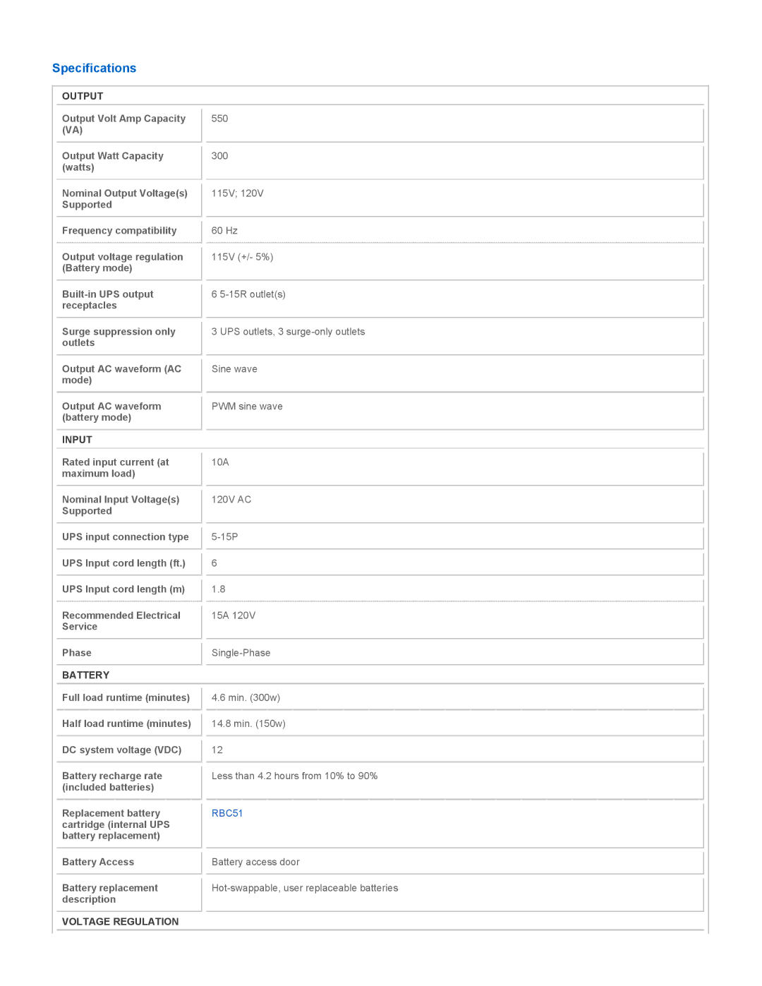 Tripp Lite SMART550USB instruction manual Specifications, Output, Input, Battery, Voltage Regulation 