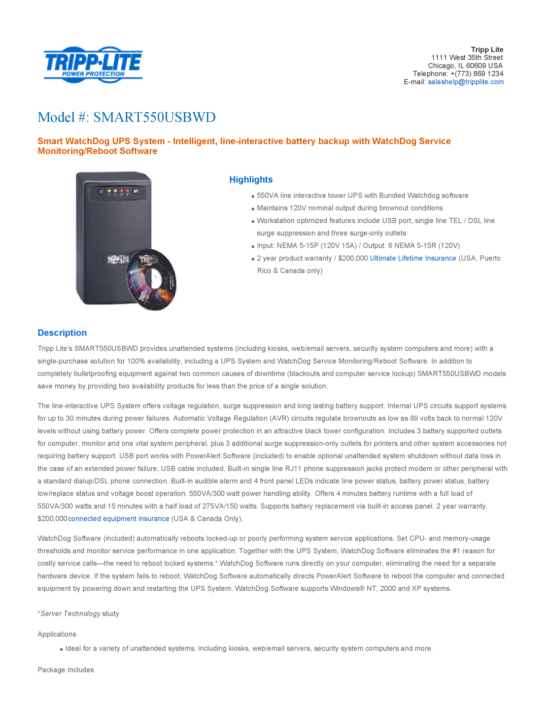 Tripp Lite warranty Highlights, Description, Model # SMART550USBWD, Server Technology study 