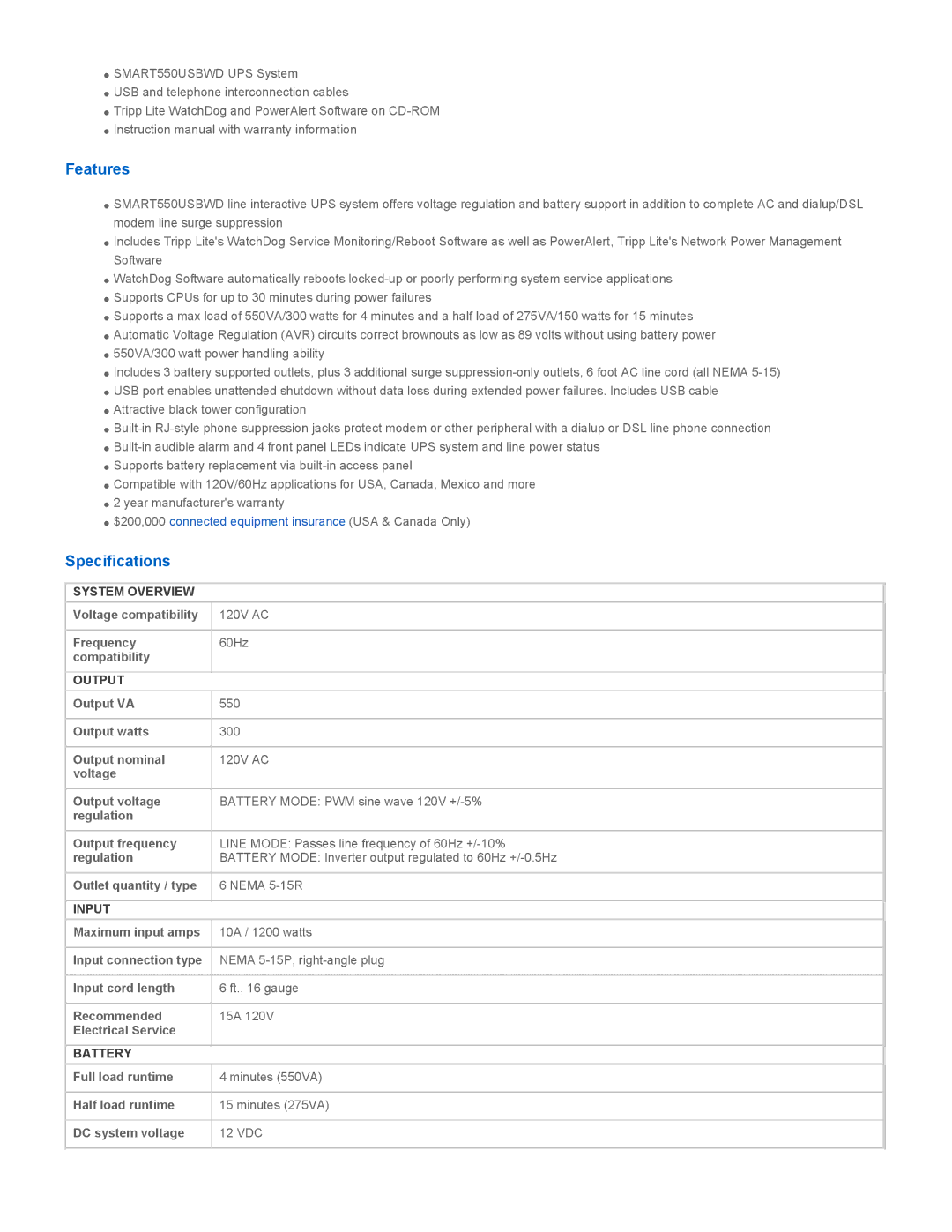 Tripp Lite SMART550USBWD warranty Features, Specifications 