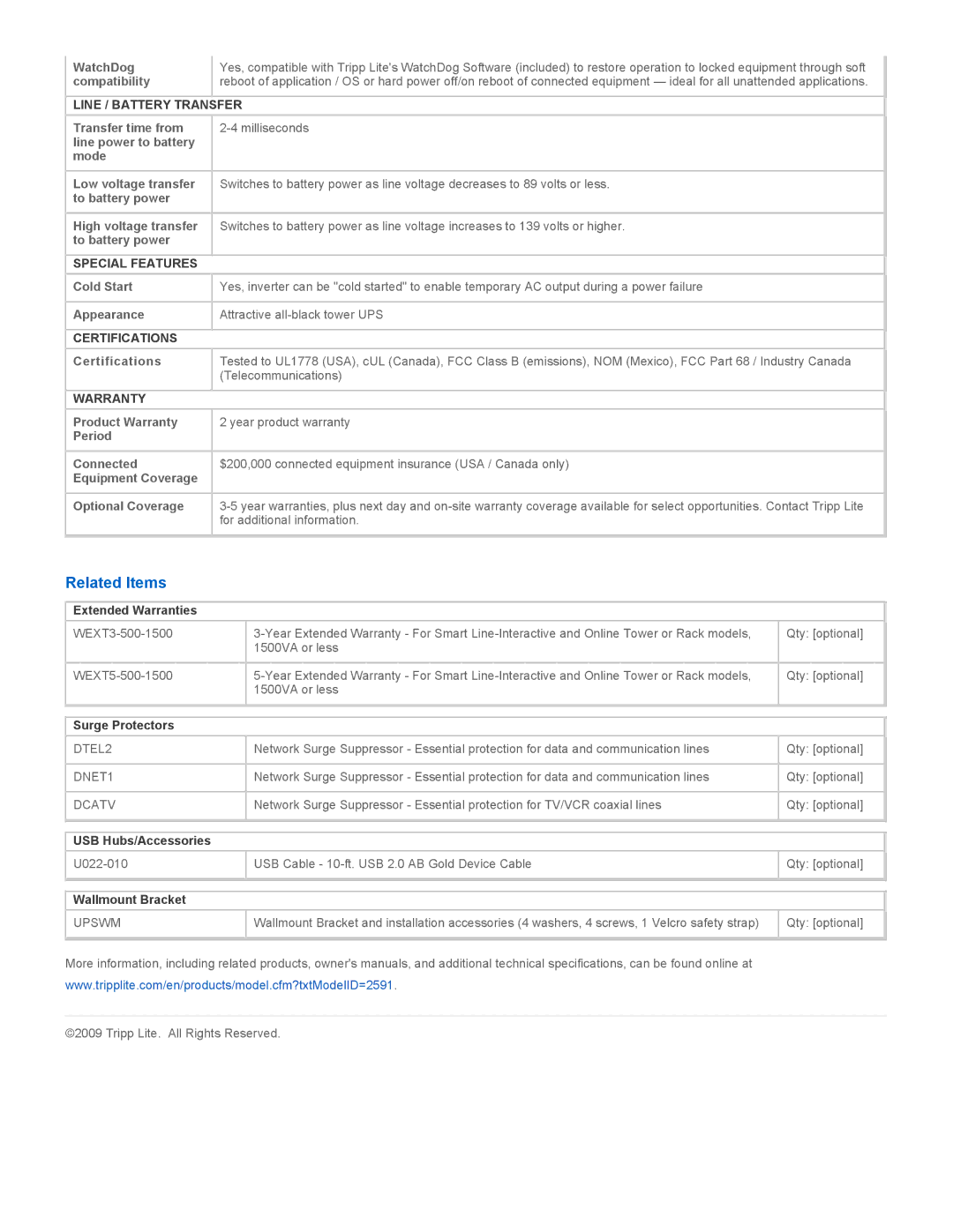 Tripp Lite SMART550USBWD warranty Related Items, Line / Battery Transfer, Special Features, Certifications, Warranty 