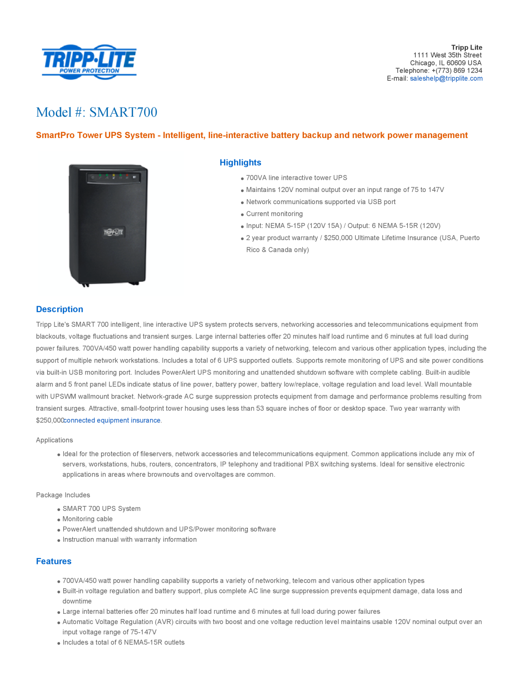 Tripp Lite warranty Highlights, Description, Features, Model # SMART700, $250,000connected equipment insurance 
