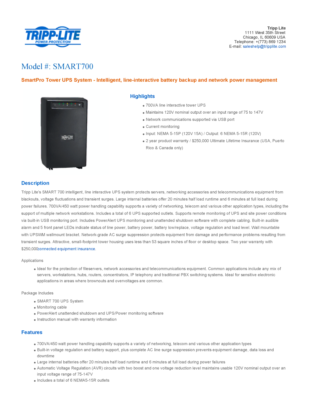 Tripp Lite SMART700 warranty Highlights, Description, Features 