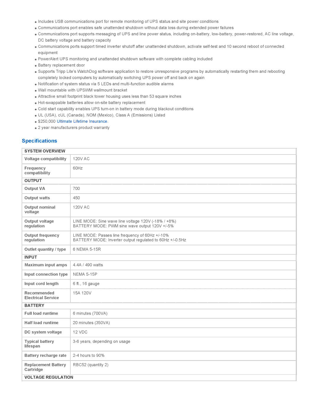 Tripp Lite SMART700 warranty Specifications 