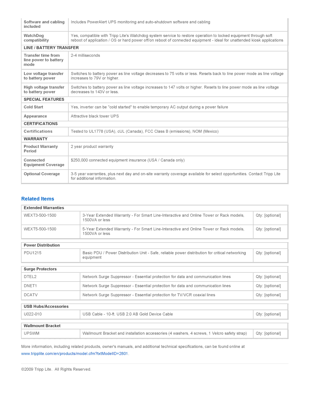 Tripp Lite SMART700 warranty Related Items, Line / Battery Transfer, Special Features, Certifications, Warranty 