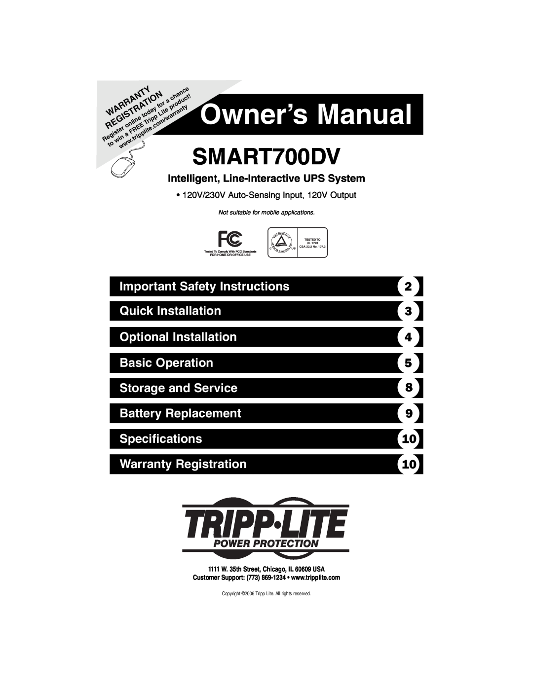 Tripp Lite SMART700DV owner manual Important Safety Instructions, Quick Installation, Optional Installation, Registration 