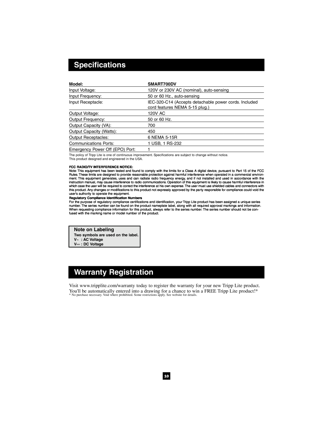 Tripp Lite SMART700DV owner manual Specifications, Warranty Registration, Note on Labeling, Model 