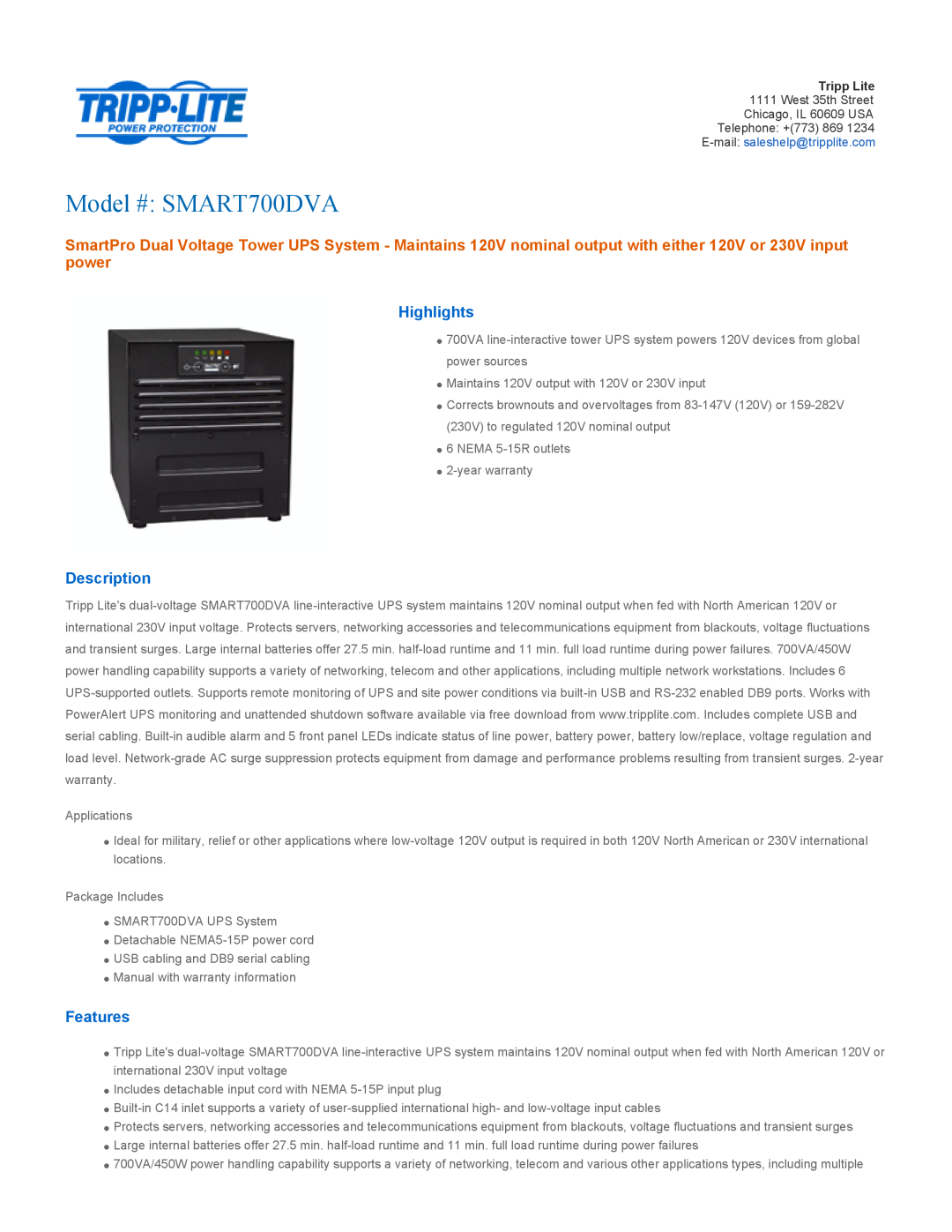 Tripp Lite warranty Highlights, Description, Features, Model # SMART700DVA 