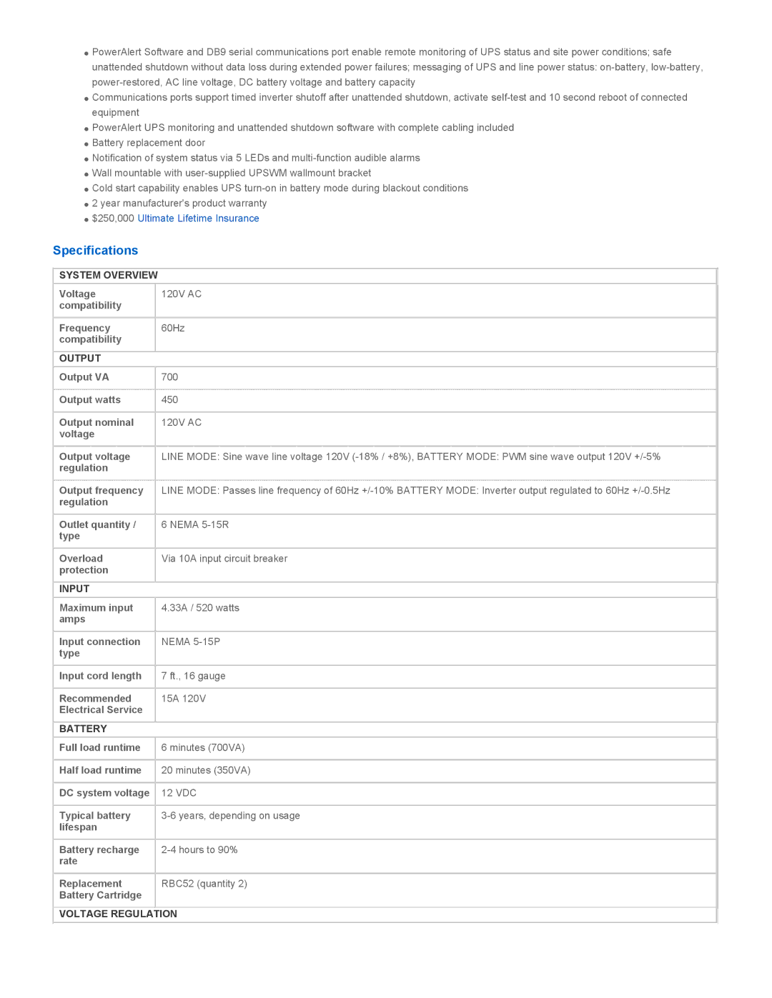 Tripp Lite SMART700SER warranty Specifications 