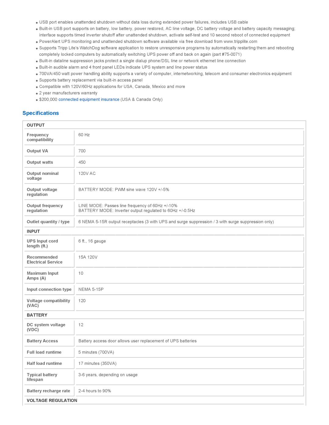 Tripp Lite SMART700USB warranty Specifications, Output, Input, Battery, Voltage Regulation 