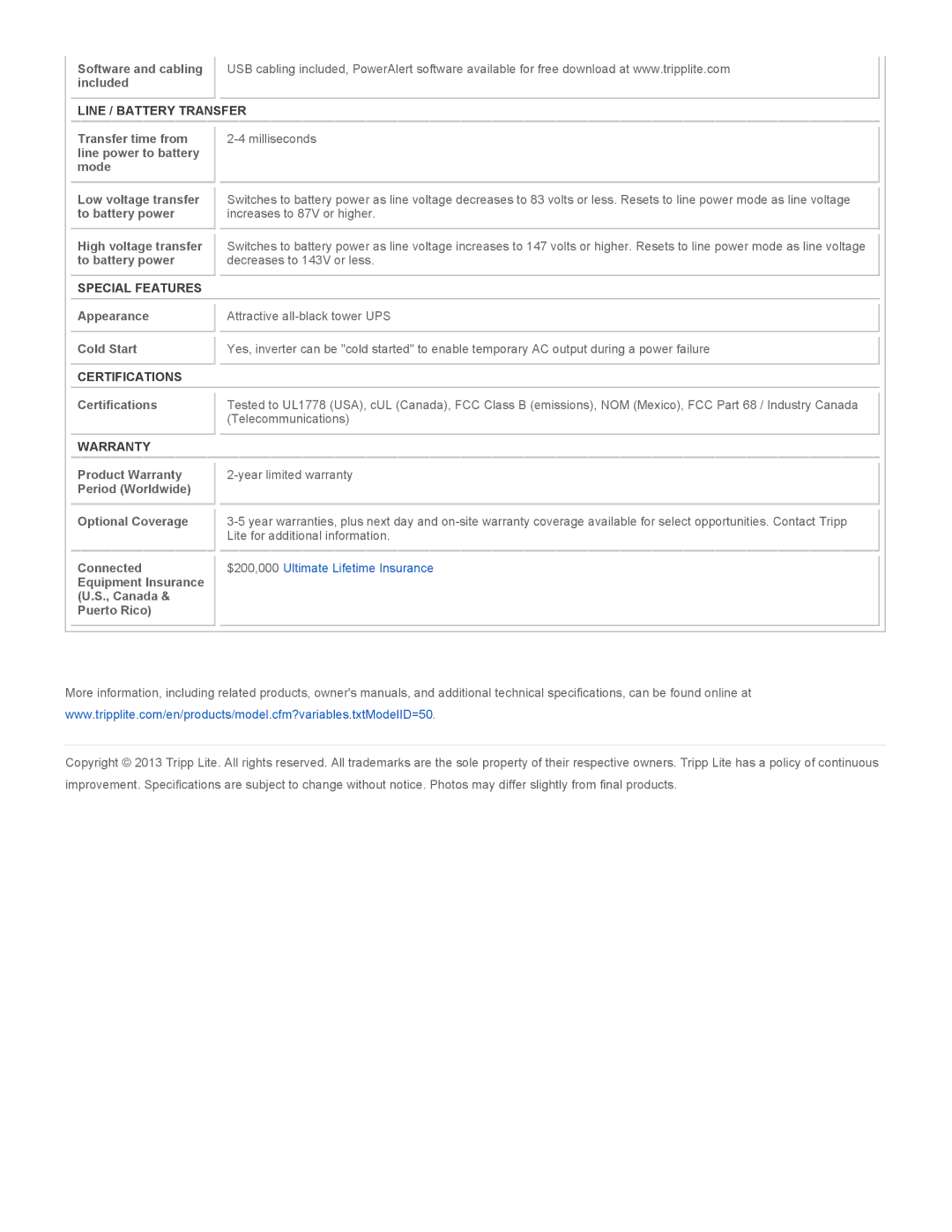 Tripp Lite SMART700USB warranty Line / Battery Transfer, Special Features, Certifications, Warranty 