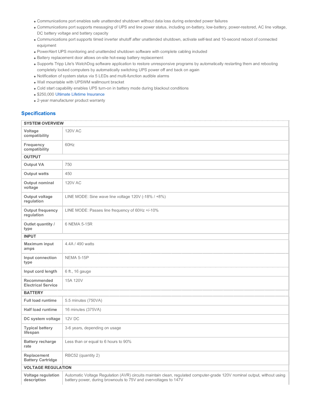 Tripp Lite SMART750 warranty Specifications 