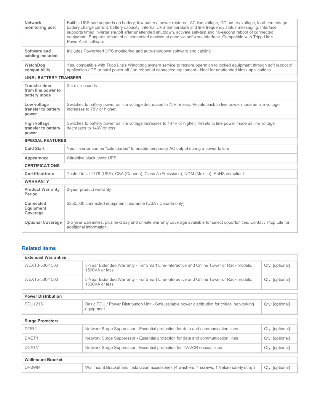 Tripp Lite SMART750 warranty Related Items, Line / Battery Transfer, Certifications, Warranty 