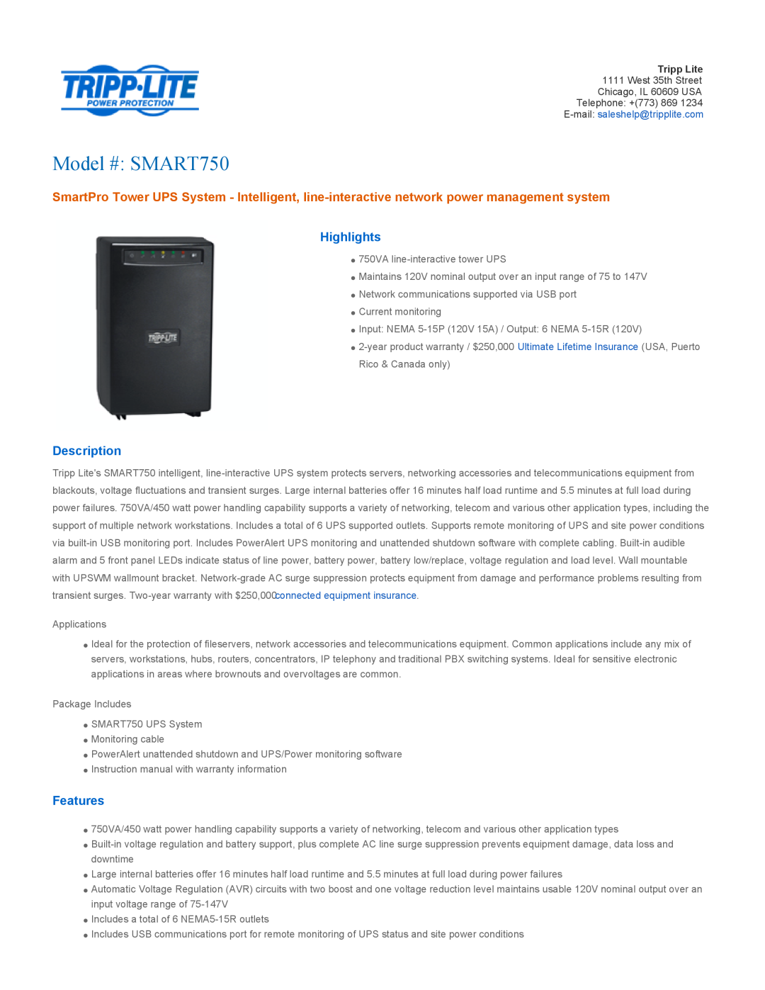 Tripp Lite warranty Highlights, Description, Features, Model # SMART750 