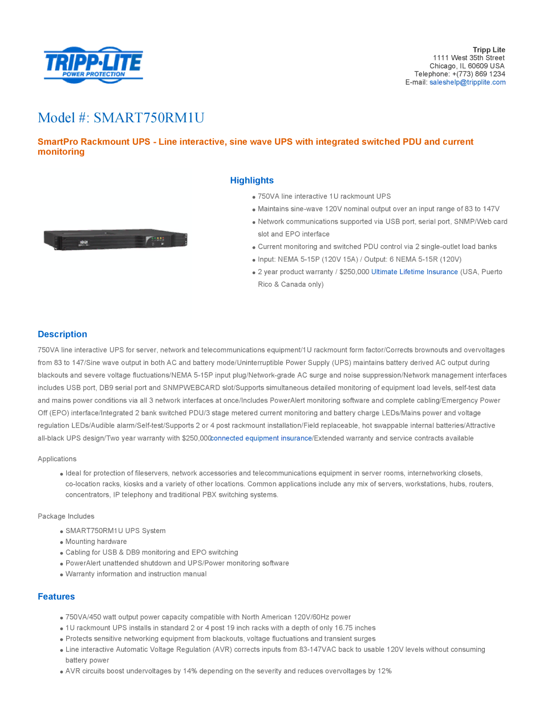 Tripp Lite SMART750RM1U warranty Highlights, Description, Features 