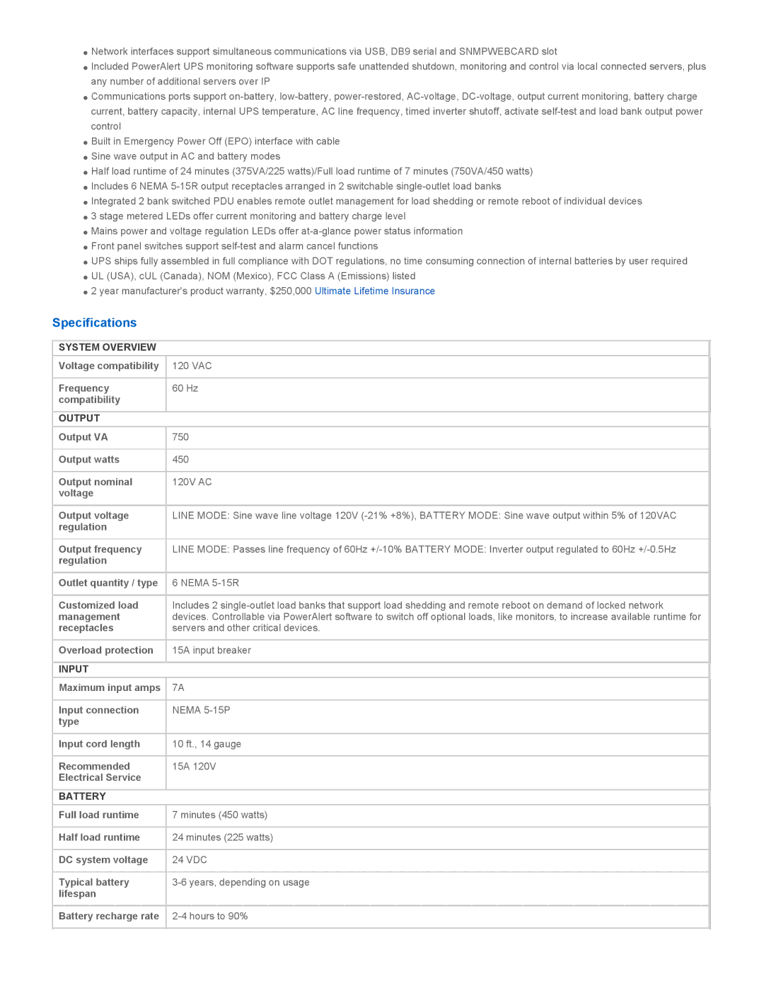Tripp Lite SMART750RM1U warranty Specifications, System Overview, Output, Input, Battery 