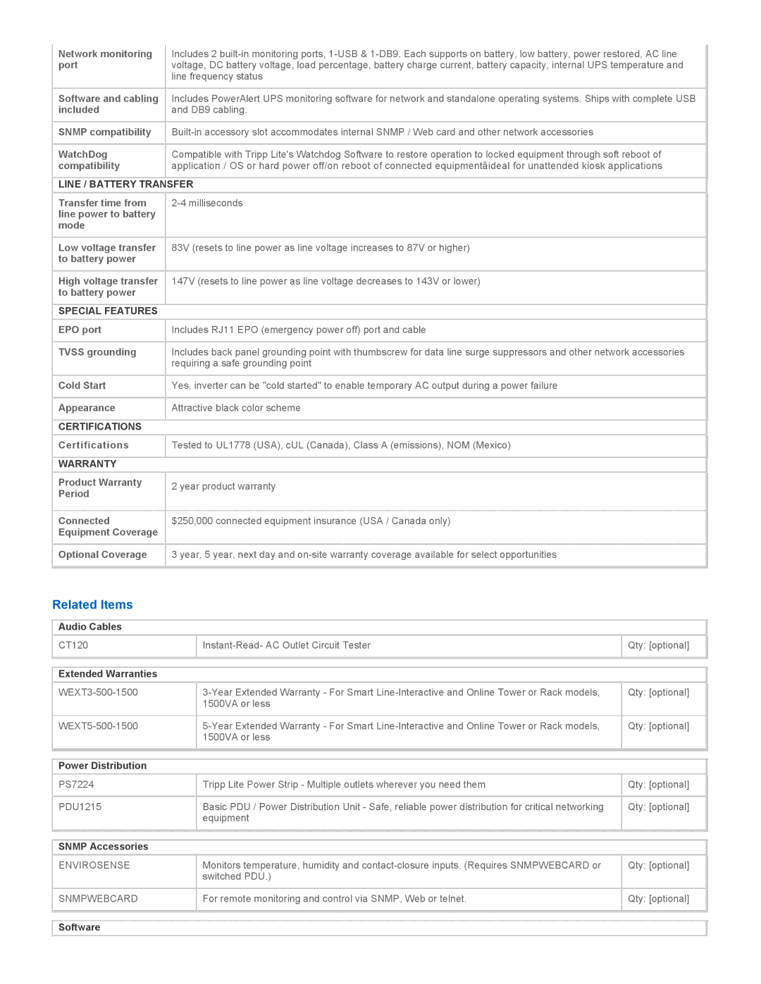 Tripp Lite SMART750RM1U warranty Related Items, Line / Battery Transfer, Special Features, Certifications, Warranty 