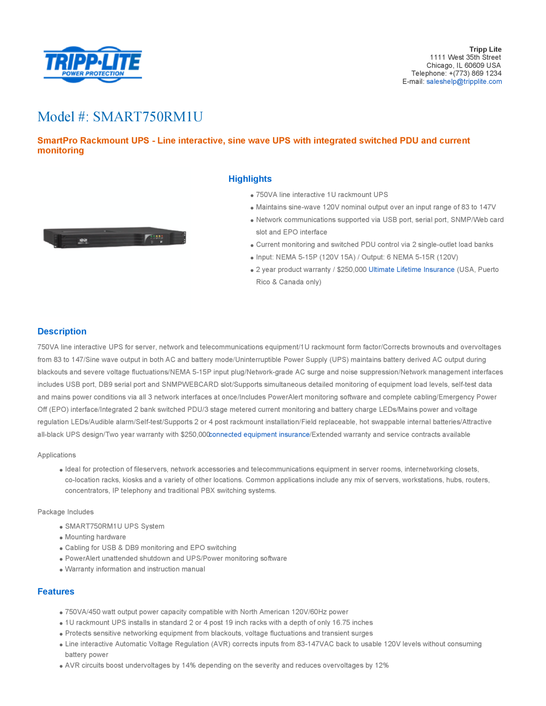 Tripp Lite warranty Highlights, Description, Features, Model # SMART750RM1U 
