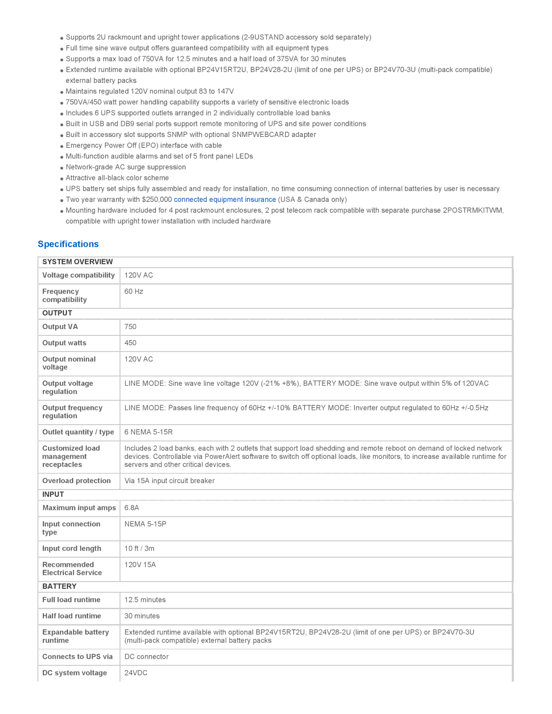 Tripp Lite SMART750RMXL2U warranty Specifications, System Overview, Output, Input, Battery 