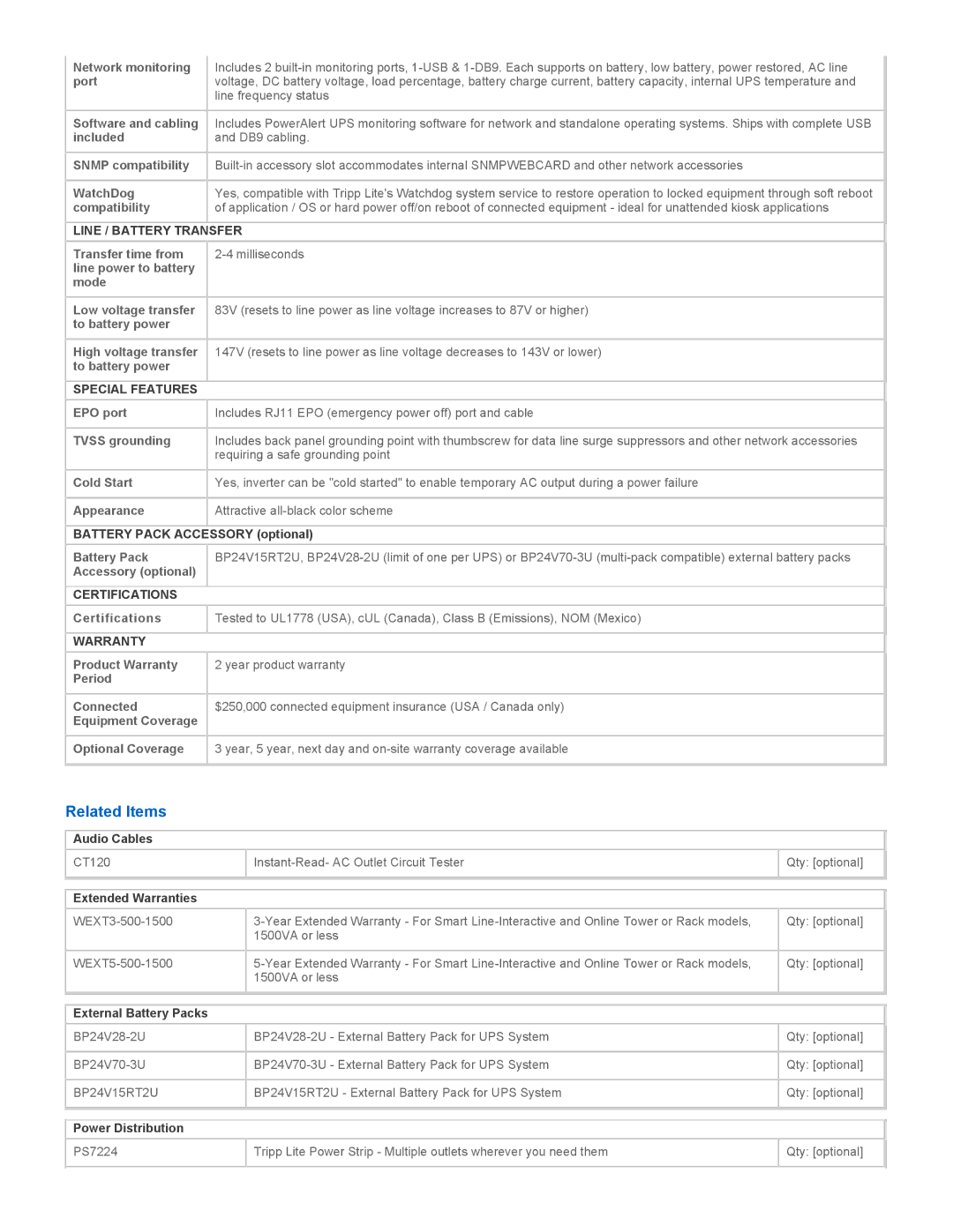 Tripp Lite SMART750RMXL2U warranty Related Items, Line / Battery Transfer, Special Features, Certifications, Warranty 
