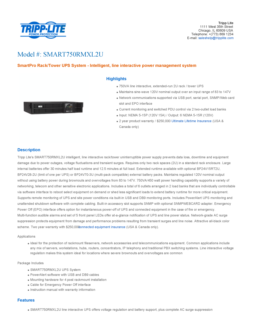 Tripp Lite warranty Highlights, Description, Features, Model # SMART750RMXL2U 