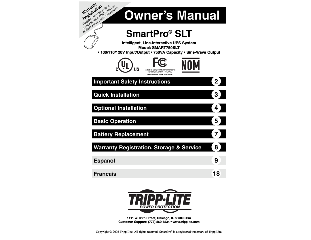 Tripp Lite SMART750SLT owner manual SmartPro SLT, Important Safety Instructions, Quick Installation, Optional Installation 