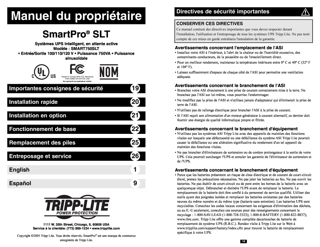 Tripp Lite SMART750SLT Manuel du propriétaire, Importantes consignes de sécurité, Installation rapide, Español, English 