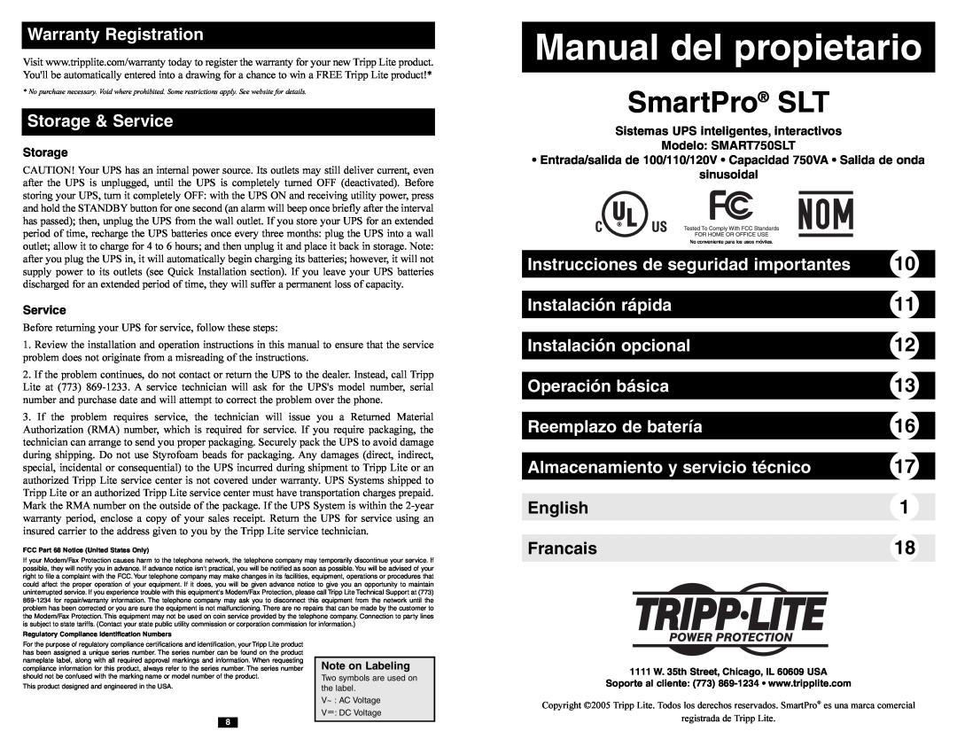 Tripp Lite SMART750SLT Manual del propietario, Warranty Registration, Storage & Service, Instalación rápida, English 