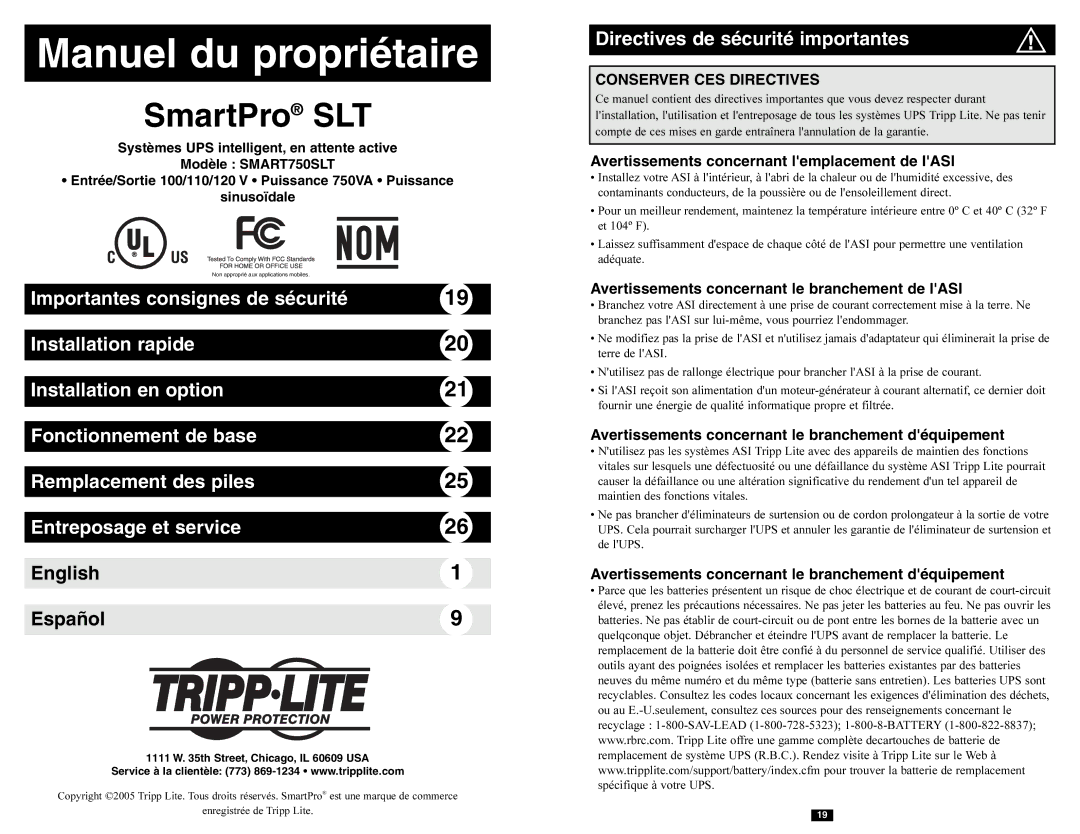 Tripp Lite SMART750SLT English Español, Directives de sécurité importantes, Avertissements concernant lemplacement de lASI 