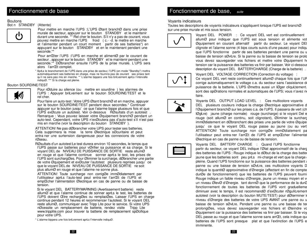 Tripp Lite SMART750SLT owner manual Fonctionnement de base, suite, Boutons, Voyants indicateurs 
