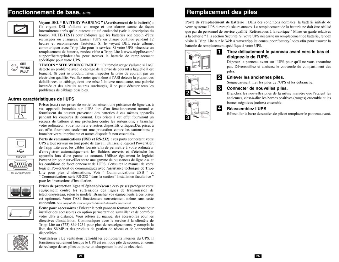 Tripp Lite SMART750SLT owner manual Enlever les anciennes piles, Connecter de nouvelles piles, Réassemblez lUPS 