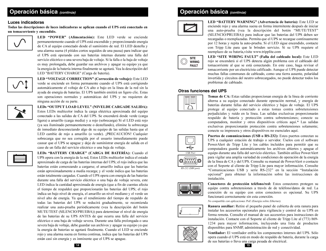 Tripp Lite SMART750SLT owner manual Operación básica continúa, Luces indicadoras, Otras funciones del UPS 