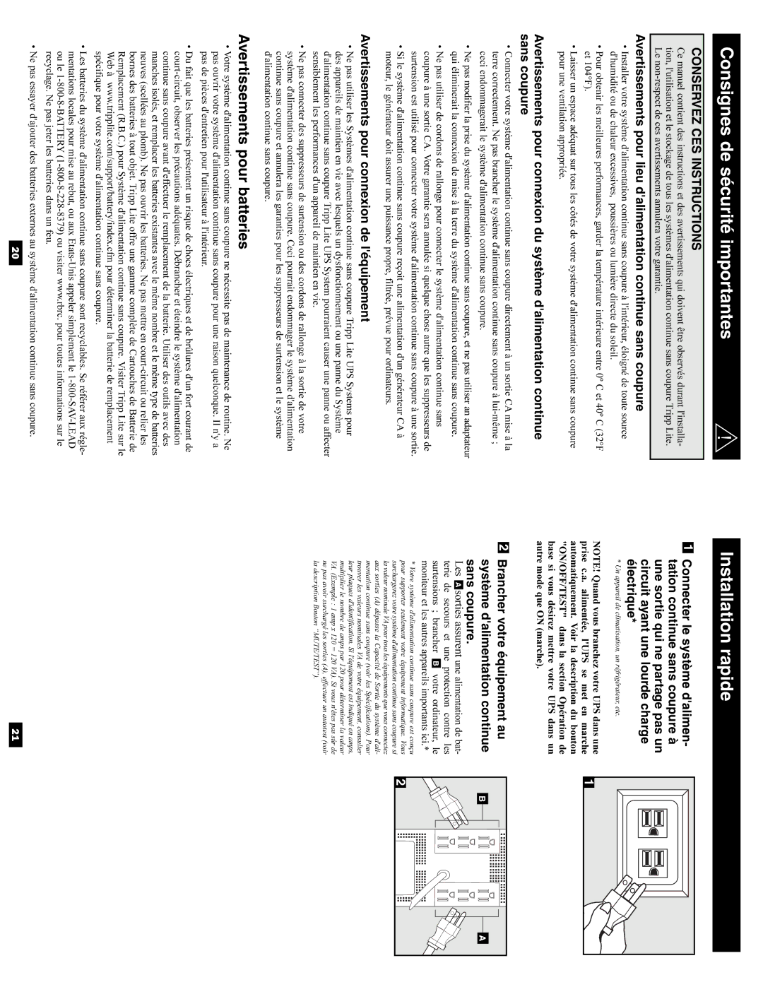 Tripp Lite SMART750USB owner manual Consignes de sécurité importantes Installation rapide, Avertissements pour batteries 