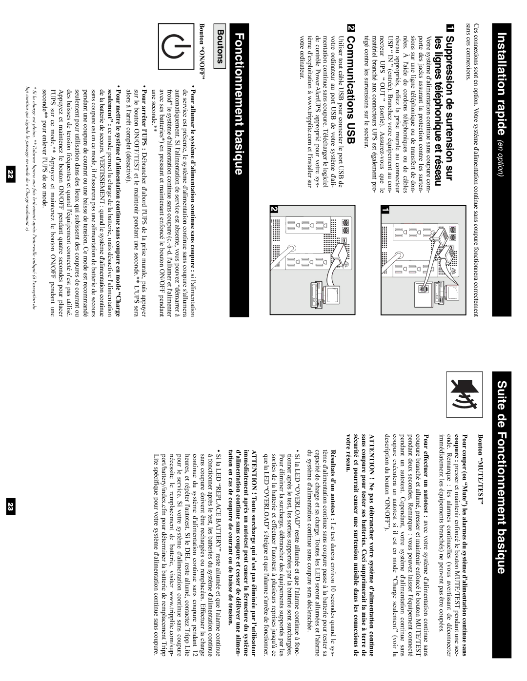 Tripp Lite SMART750USB Installation rapide en option, Suite de Fonctionnement basique, Suppression de surtension sur 