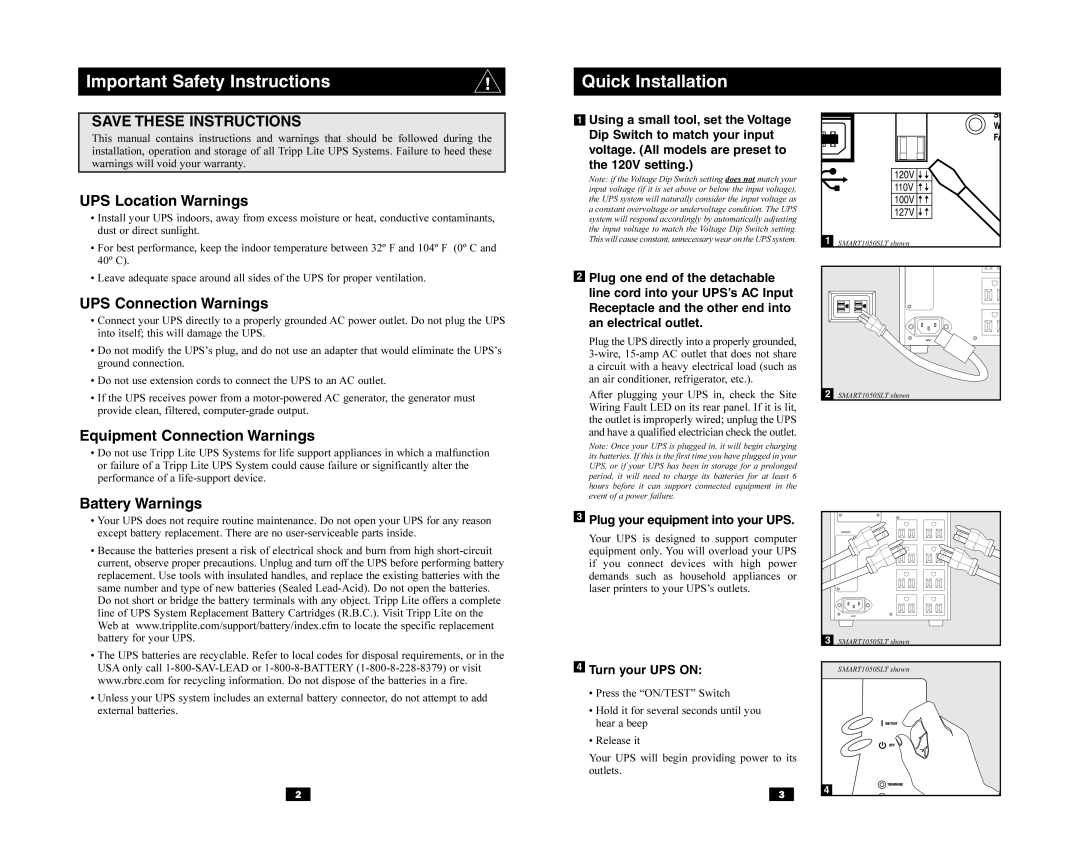 Tripp Lite SMART1050SLT Important Safety Instructions, UPS Location Warnings, UPS Connection Warnings, Battery Warnings 