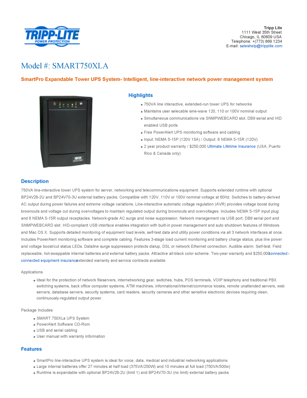 Tripp Lite warranty Highlights, Description, Features, Model # SMART750XLA 