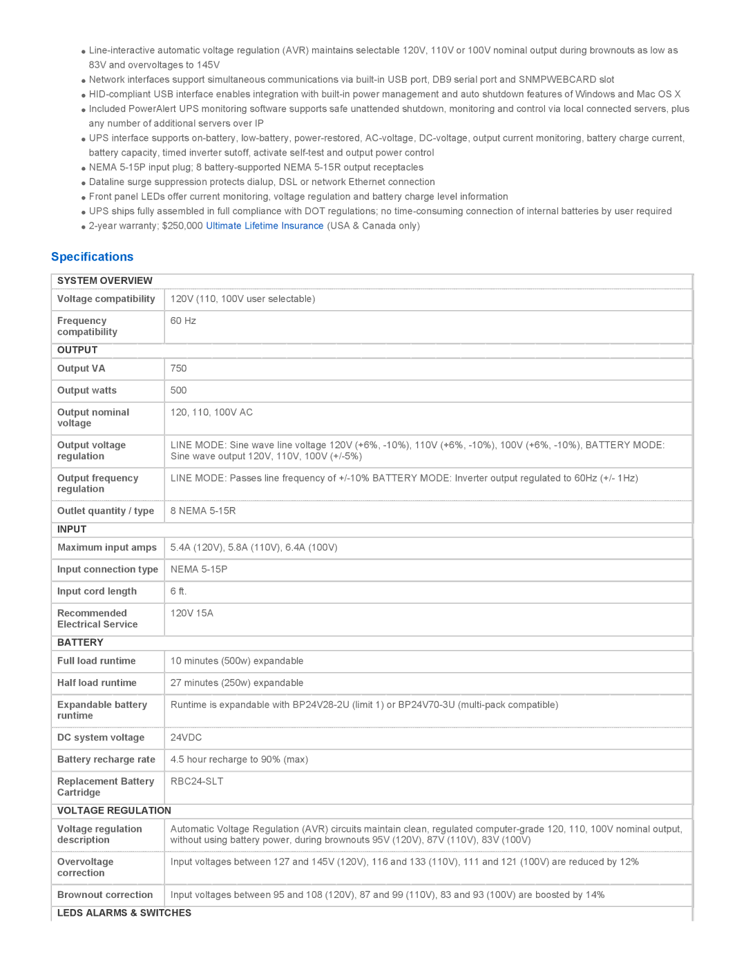 Tripp Lite SMART750XLA warranty Specifications 