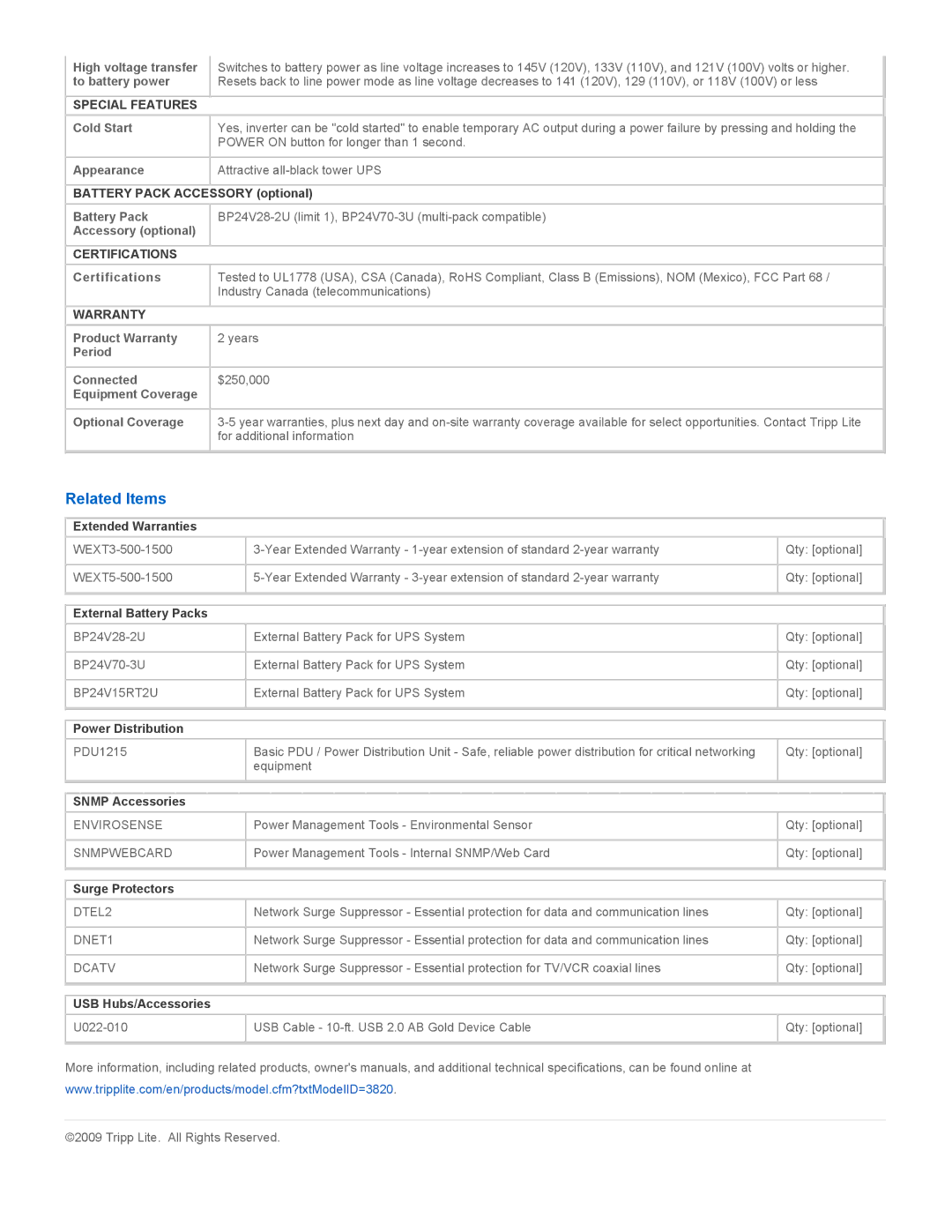 Tripp Lite SMART750XLA warranty Related Items, Special Features, Certifications, Warranty 